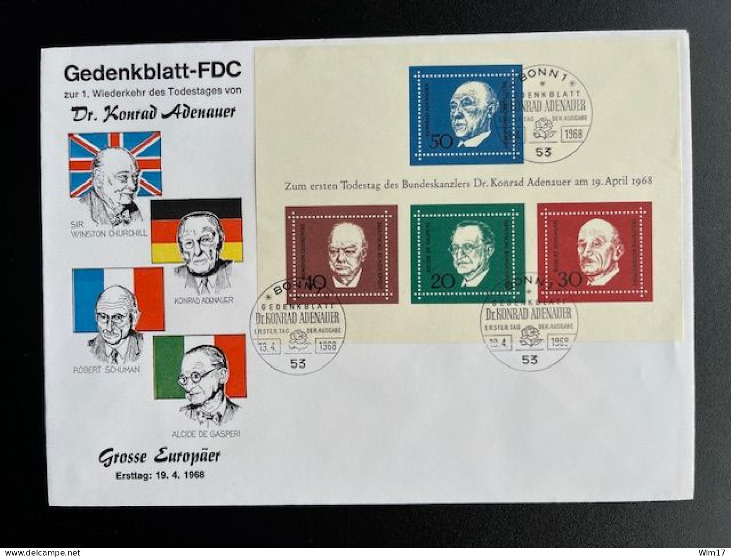 GERMANY 1968 FDC GREAT EUROPEANS 19-04-1968 DUITSLAND DEUTSCHLAND CHURCHILL ADENAUER SCHUMAN GASPERI - 1961-1970