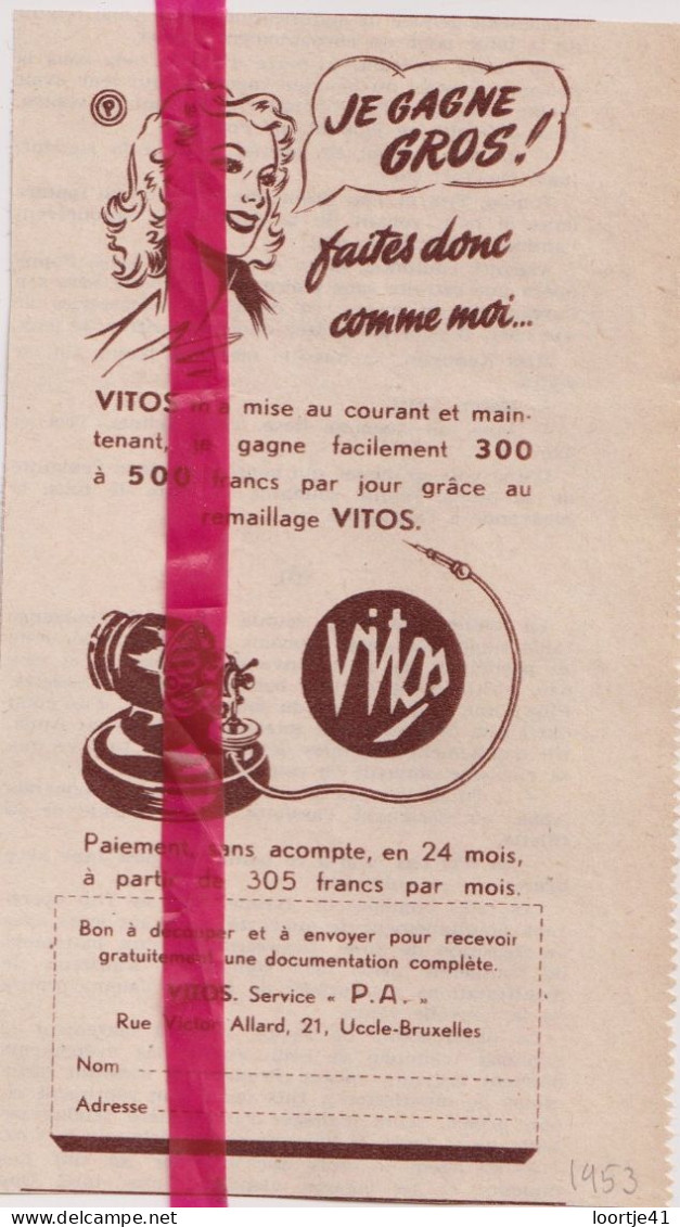 Pub Reclame - Remaillage Vitos - Orig. Knipsel Coupure Tijdschrift Magazine - 1953 - Publicités