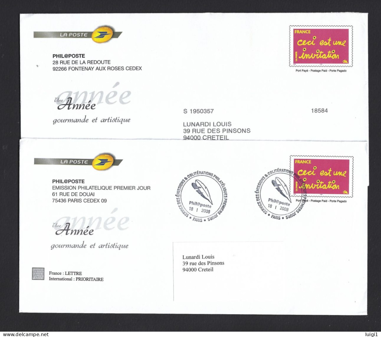 FRANCE 2005. PAP Y&T Type (n°3760) - "  L' Année Gourmande Et Artistique " Sur 2 Enveloppes. LA POSTE - Phil@poste. TB. - Pseudo-officiële  Postwaardestukken