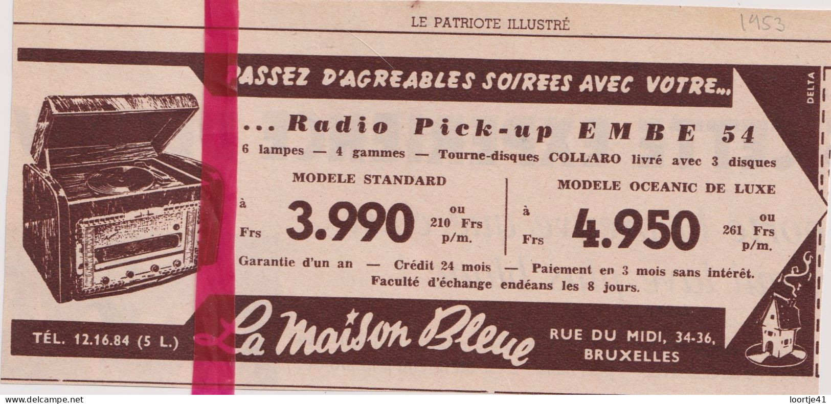 Pub Reclame - Radio Pick Up EMBE - La Maison Bleue Bruxelles - Orig. Knipsel Coupure Tijdschrift Magazine - 1953 - Publicités