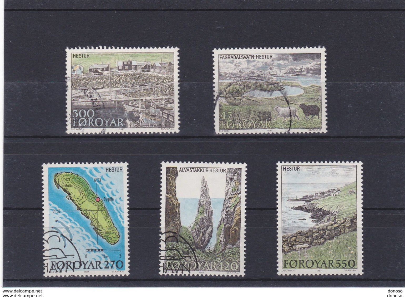 FEROE 1987, îles Hestur, Maisons, Rochers, Bateaux, Tourisme, Carte Yvert 148-152 Oblitérés, VFU Cote Yv 14 Euros - Färöer Inseln