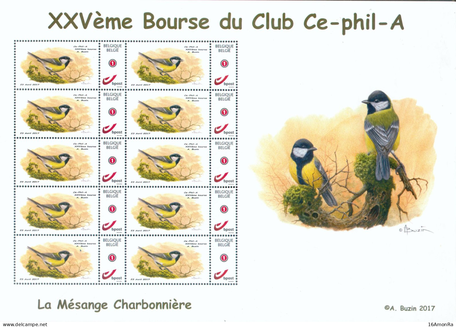 25ème Bourse Du Club Ans CE-PHIL A  1992-2017  OISEAUX BUZIN DUO STAMP En Feuille MESANGE CHARBONNIERE.  RR - 22044 - 1985-.. Oiseaux (Buzin)