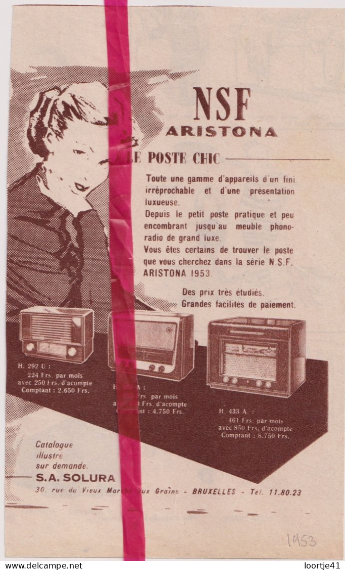 Pub Reclame - Radio NSF Aristona - Sa Solura Bruxelles - Orig. Knipsel Coupure Tijdschrift Magazine - 1953 - Advertising