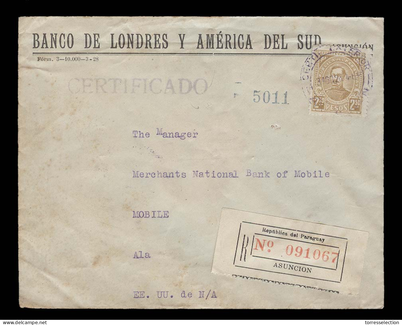 PARAGUAY. 1928 (3 Ago). Asuncion - USA. Reg Fkd Env 2,50 Peso Single Usage Violet Cachet. VF. - Paraguay