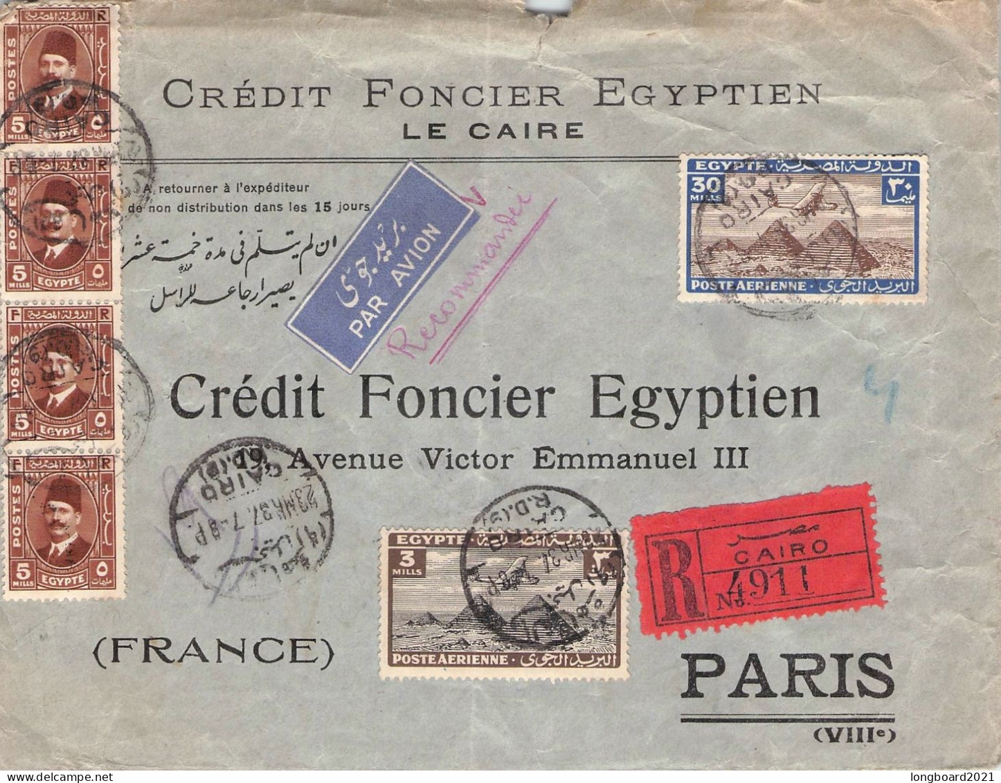 EGYPT - REGISTERED AIRMAIL 1937 CAIRO - PARIS /6154 - Lettres & Documents