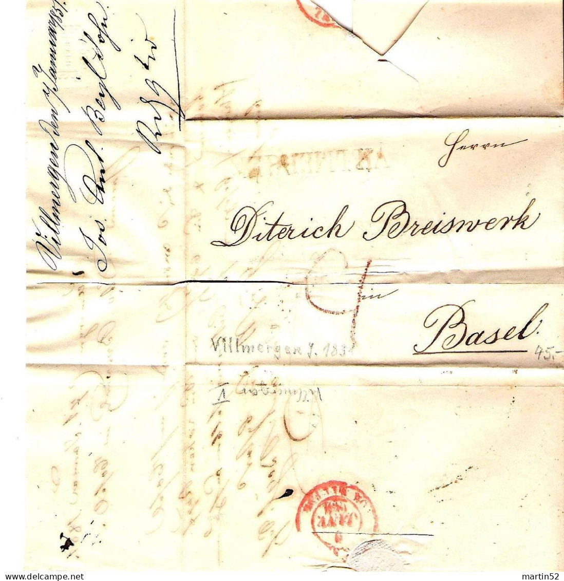 Schweiz Suisse 1851: Faltbrief (offen) Von VILLMERGEN (Balken-Stempel Linéaire) Nach BASEL 9 JANV 1851 - ...-1845 Prefilatelia