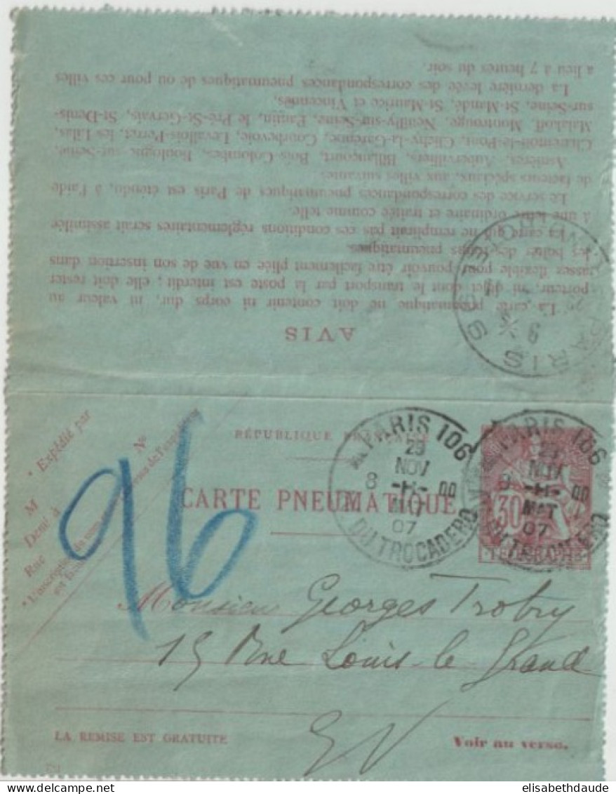 1907 - PNEUMATIQUE - CARTE-LETTRE CHAPLAIN De PARIS 106 R.DU TROCADERO => PARIS 98 GRAND-HOTEL - Pneumatiques
