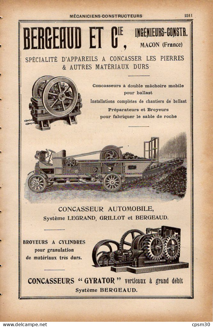 PUB 1921 - Concasseur Automobile Gyrator Bergeaud 71 Macon, Mécanique Travaux Publics Cail 59 Denain - Pubblicitari