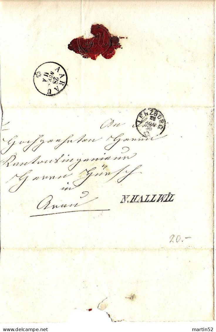 Schweiz Suisse 1859: Siegel-Faltbrief  Mit Stab-Stempel N.HALLWIL (linéaire) Mit ⊙ LENZBURG 28 NOV.59 Nach AARAU 28 NOV - ...-1845 Voorlopers