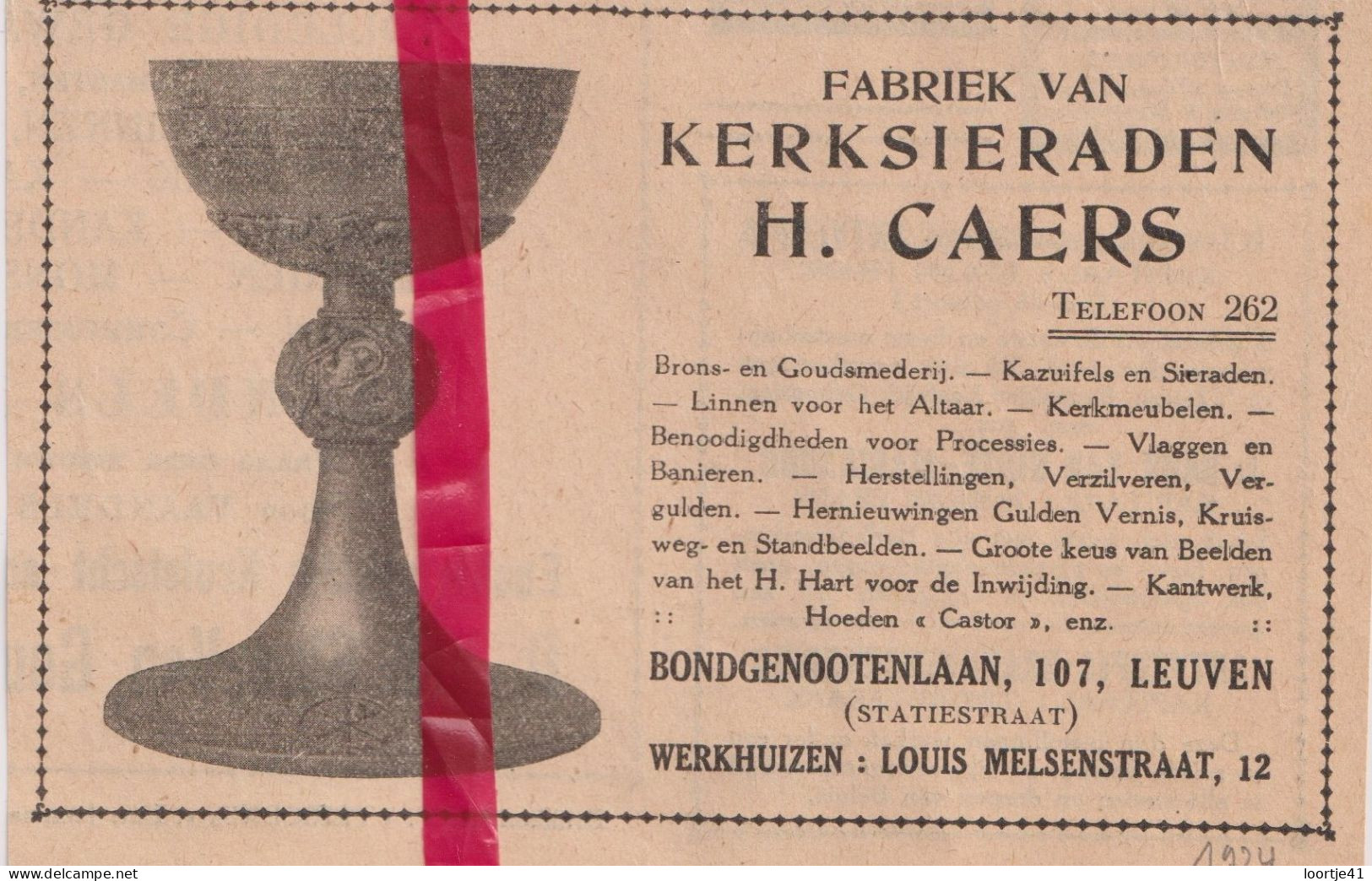 Pub Reclame - Kerksieraden H. Caers - Leuven - Orig. Knipsel Coupure Tijdschrift Magazine - 1924 - Publicités