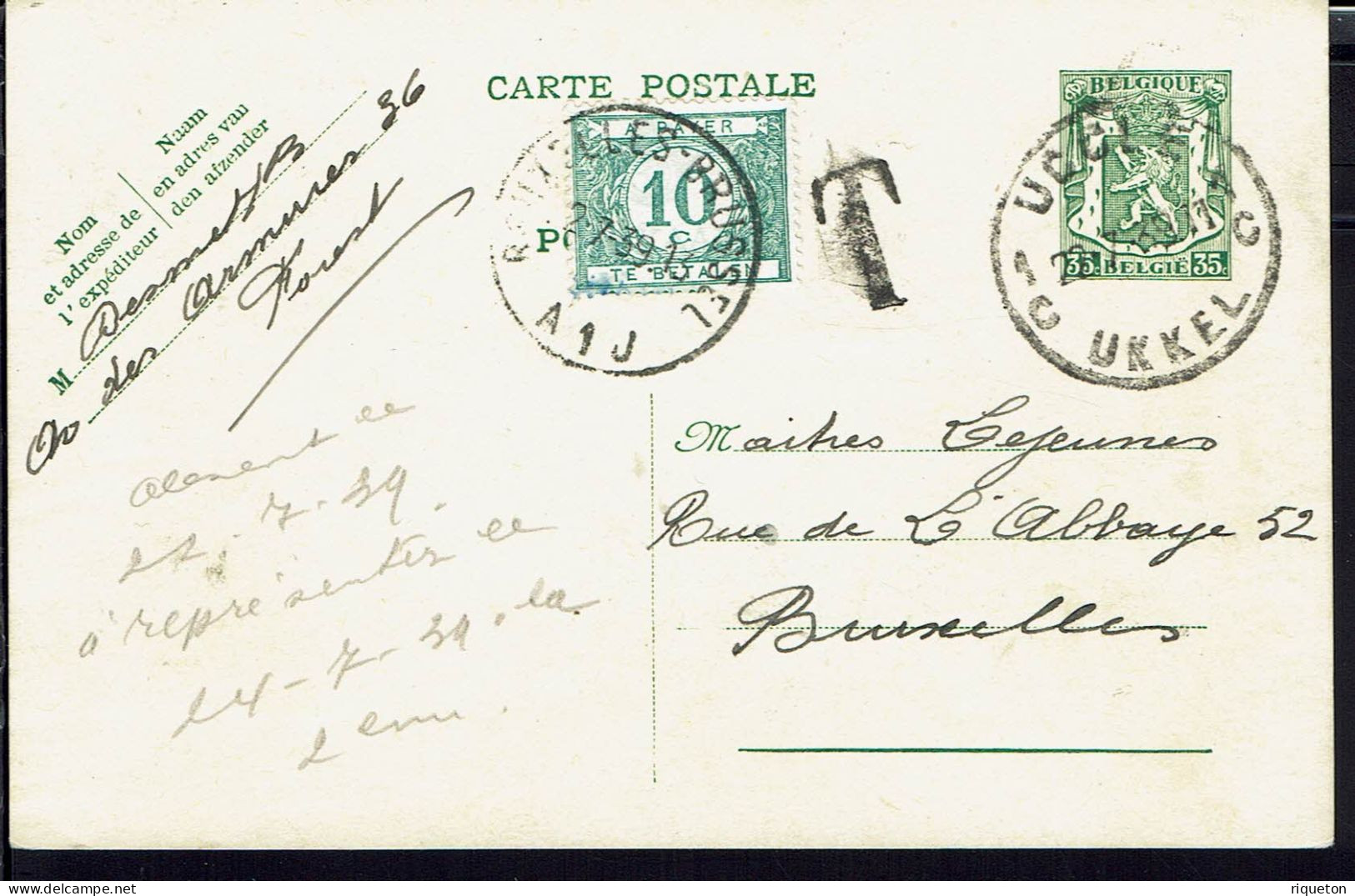 Belgique. Carte Entier Postal 35 C. De Forest Du 2-7- 1939 Pour Bruxelles. Affranchissement Insuffisant, Taxe T 10 C. TB - Postkarten 1934-1951