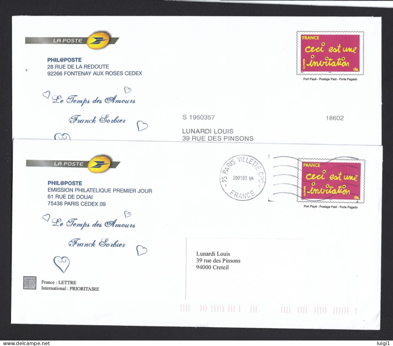 FRANCE 2005. PAP Y&T Type (n°3760) - " Le Temps Des Amours Franck Sorbier " Sur 2 Enveloppes. LA POSTE  Phil@poste. TB. - Pseudo-entiers Officiels