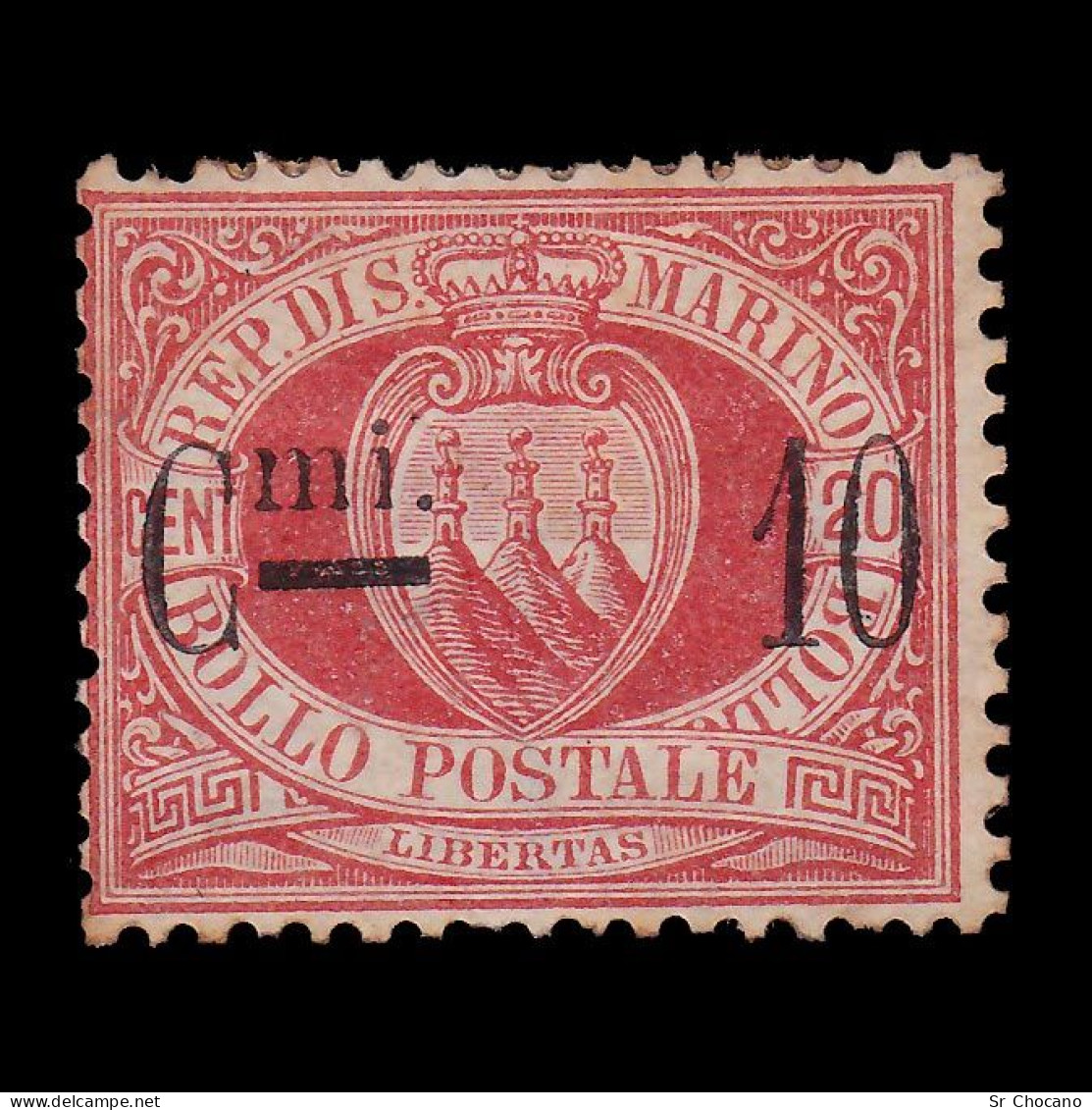 SAN MARINO STAMP.1892.COAT ARMS.10c On 20c.SCOTT 27 MH - Ungebraucht