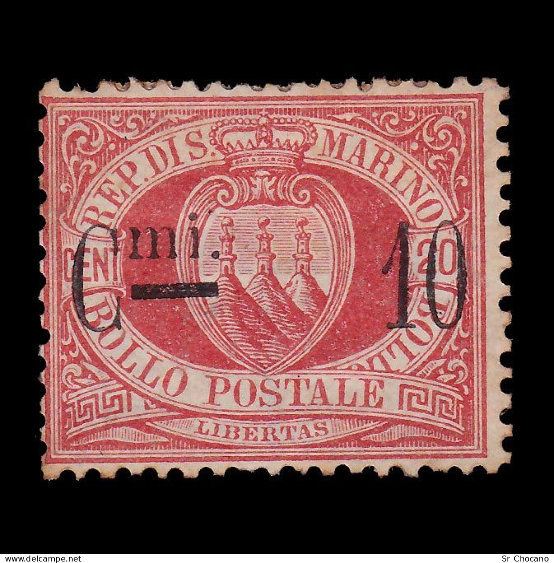 SAN MARINO STAMP.1892.COAT ARMS.10c On 20c.SCOTT 27 MH - Unused Stamps