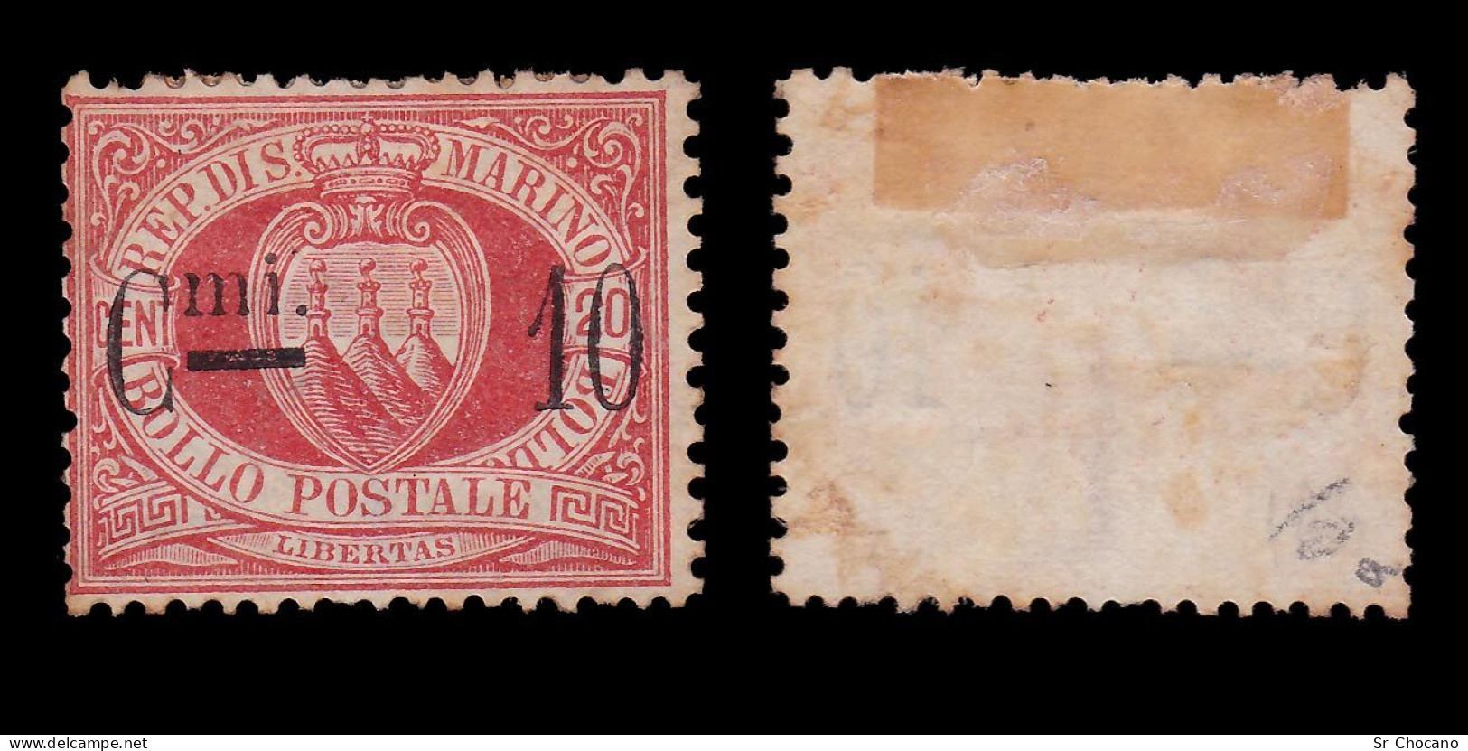 SAN MARINO STAMP.1892.COAT ARMS.10c On 20c.SCOTT 27 MH - Ongebruikt