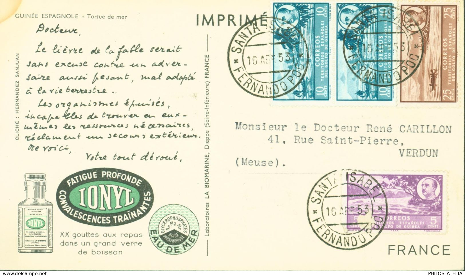 CP Publicitaire Ionyl Tortue De Mer YT Guinée Espagnole N°311 312 X2 314 CAD Santa Isabel Fernando Poo 16 ABR 1953 - Spaans-Guinea