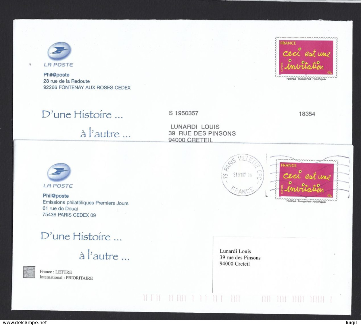 FRANCE 2005. PAP Y&T Type (n°3760) - " D' Une Histoire à L' Autre... " Sur 2 Enveloppes. LA POSTE  Phil@poste. TB. - Pseudo-interi Di Produzione Ufficiale