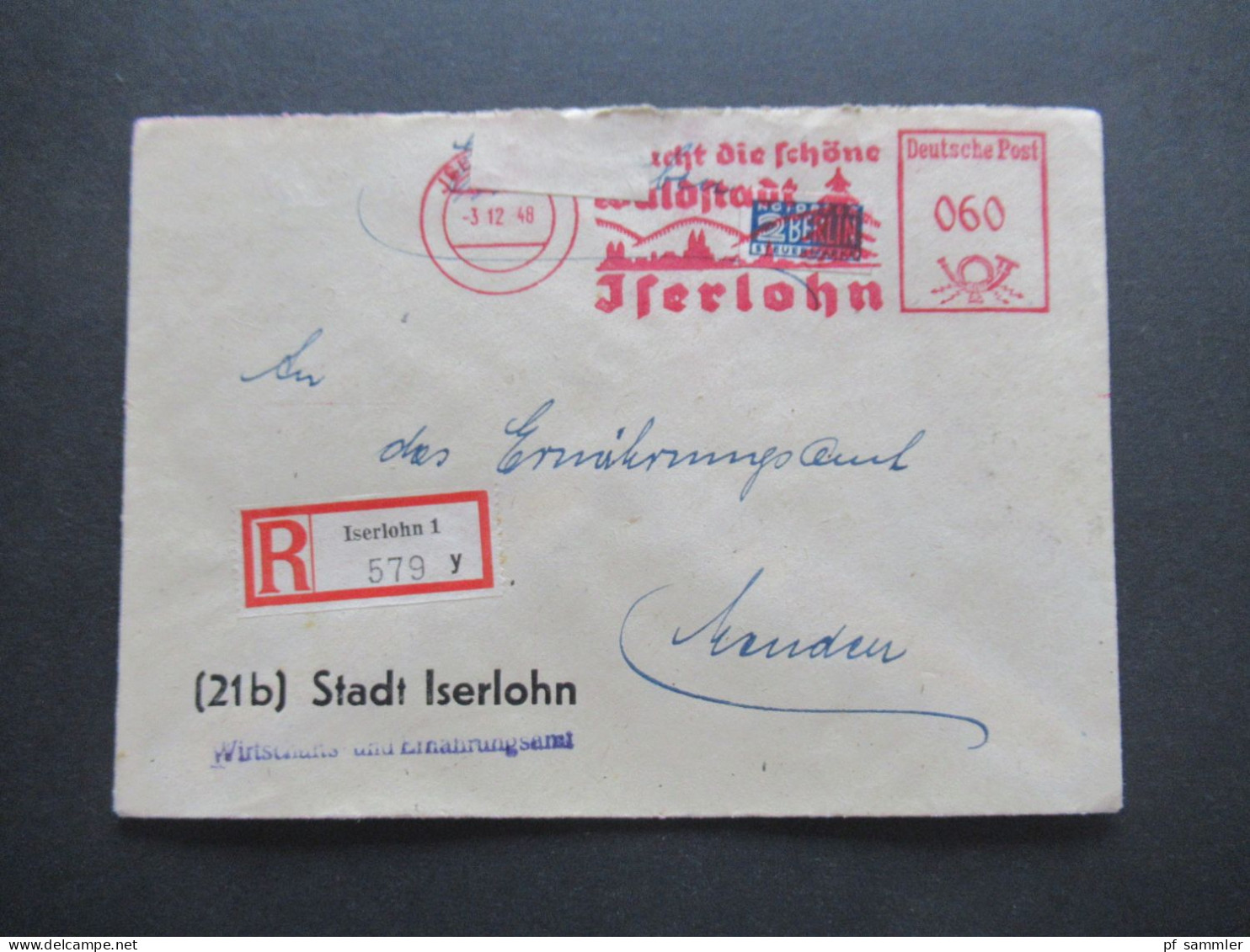 Bizone 12.1948 Notopfer Mit Absenderfreistempel AFS Besucht Die Schöne Waldstadt Iserlohn Einschreiben Stadt Iserlohn - Brieven En Documenten