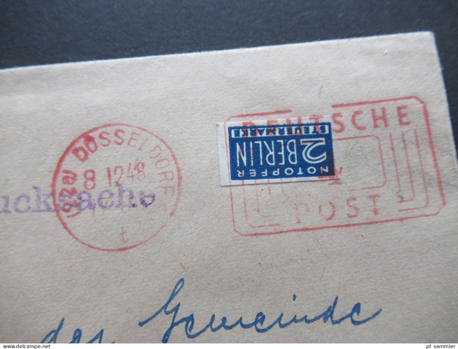 Bizone 12.1948 Notopfer Ungezähnt Mit Freistempel Deutsche Post Düsseldorf Drucksache Werner Verlag DD Lohausen - Storia Postale