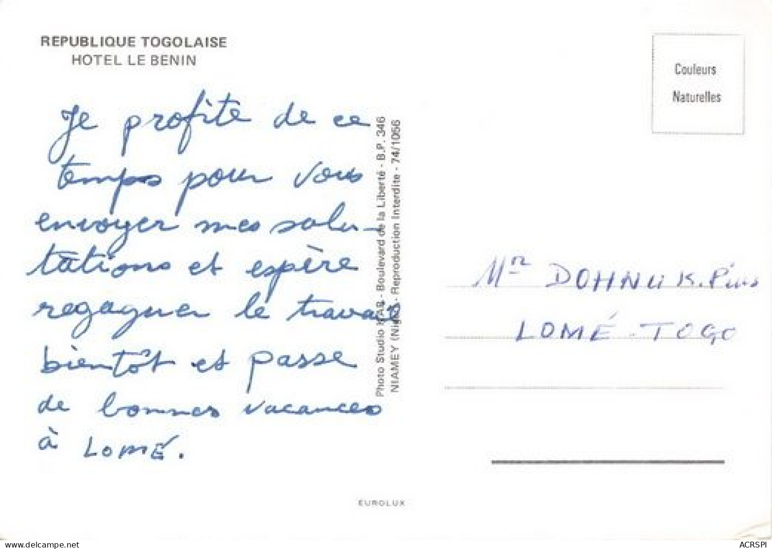 TOGO Republique TOGOLAISE Hotel Le Benin 35(scan Recto-verso)MA353 - Togo