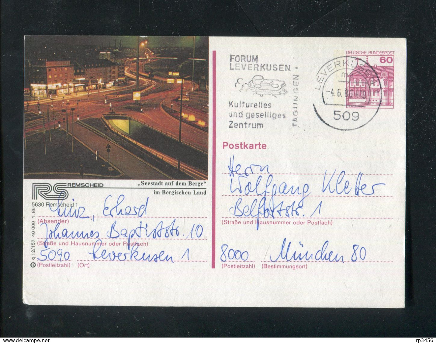 "BUNDESREPUBLIK DEUTSCHLAND" 1986, Bildpostkarte Mit Bild "REMSCHEID" Und Stempel "LEVERKUSEN" (R0086) - Cartes Postales Illustrées - Oblitérées