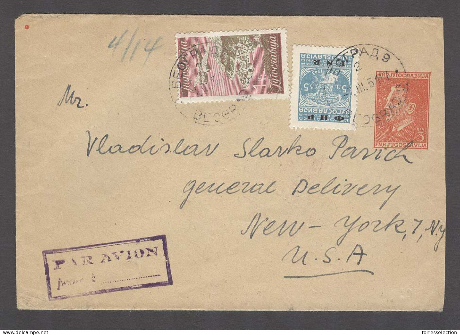 YUGOSLAVIA. 1951 (7 March). Belgrade - USA / NY (14 March). Airmail Multifkd 3 Dinar Red Stat Env (no Address Lives). Vi - Other & Unclassified