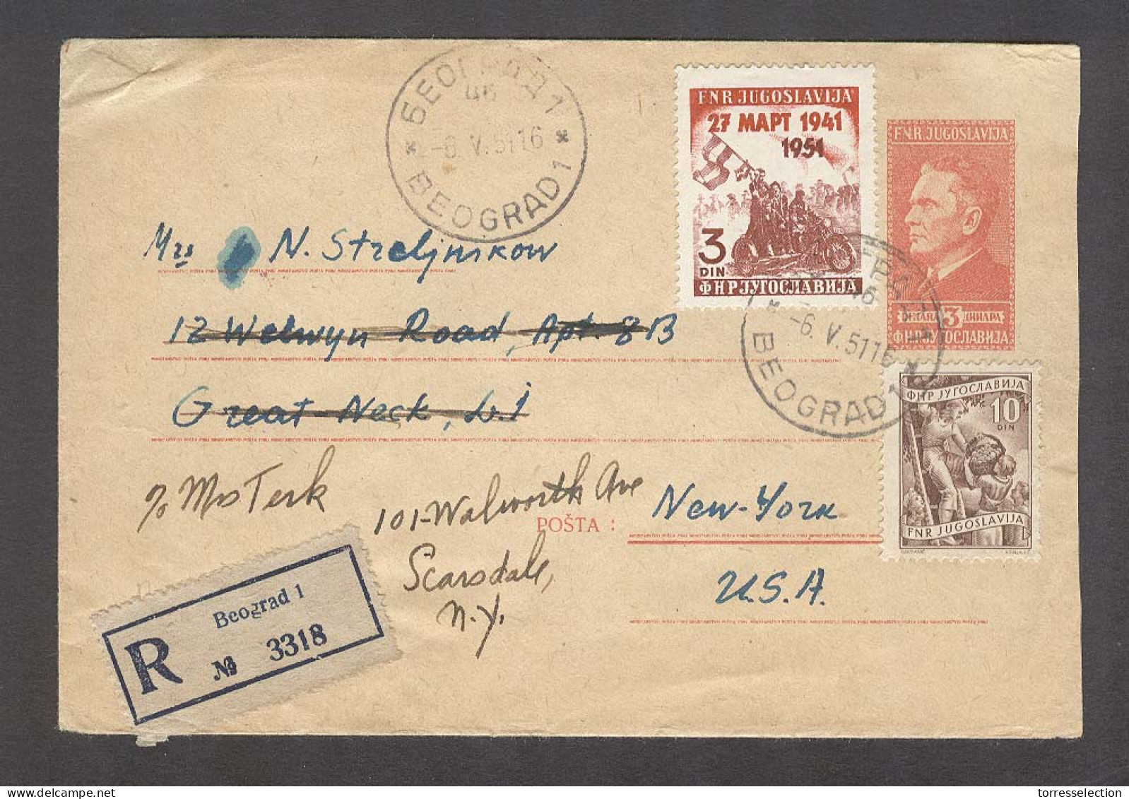 YUGOSLAVIA. 1951 (6 May). Belgrade - USA / NY (23 May). Reg Multifkd 3d Red Stat Env. Fine Used. - Other & Unclassified