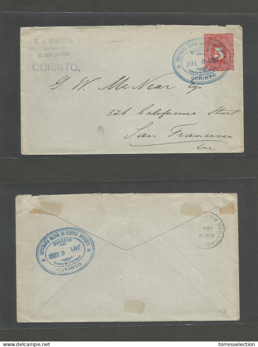 NICARAGUA. 1897 (6 July) Corinto - USA, San Francisco (Ago 2) Via Corinto (6 Julio) 5c Red / Greyish Paper Stationary En - Nicaragua