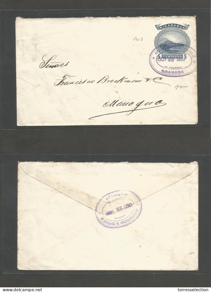 NICARAGUA. 1903 (23 Oct) Granada - Managua (22 Oct 03) Day Error Cachet. 5c Blue Stationary Envelope. 19 Mm Size Print A - Nicaragua