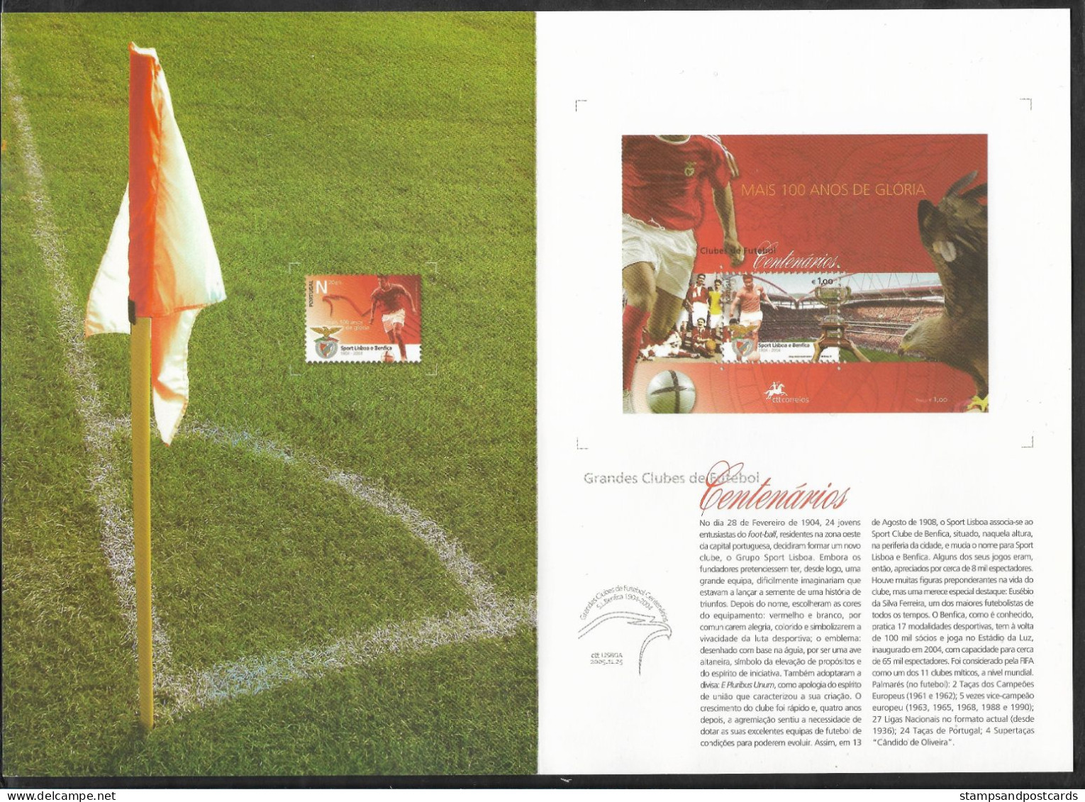 Portugal SLB Benfica Club De Football Clubs Centenaires 2005 Brochure + Timbre + Bloc Soccer Sport Lisboa E Benfica - Clubs Mythiques