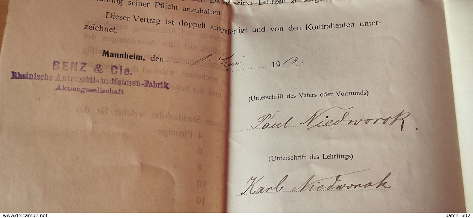 Lehr-vertrag (contrat De Formation)chez BENZ & CIE  MANNHEIM    01 MAI 1913 + CACHET - Sonstige & Ohne Zuordnung