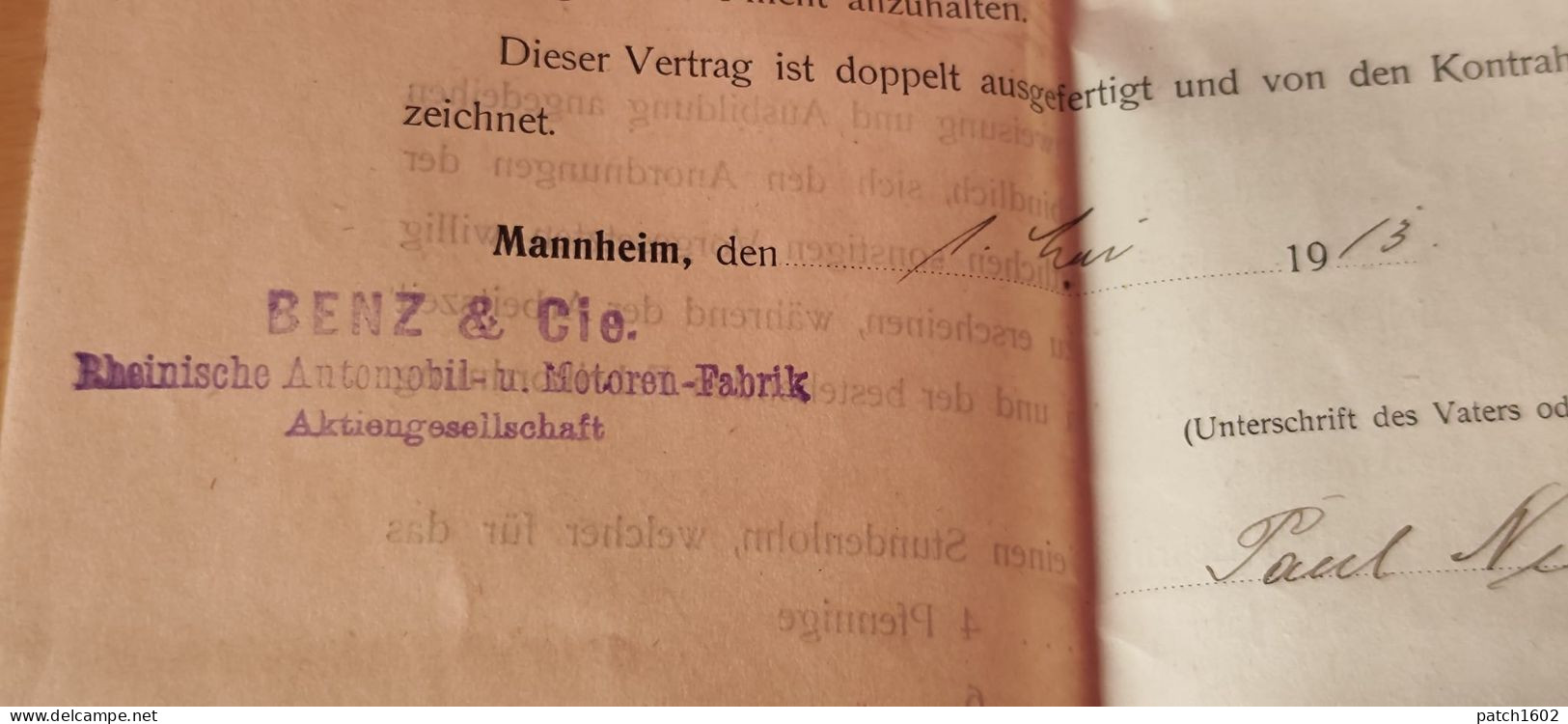 Lehr-vertrag (contrat De Formation)chez BENZ & CIE  MANNHEIM    01 MAI 1913 + CACHET - Autres & Non Classés