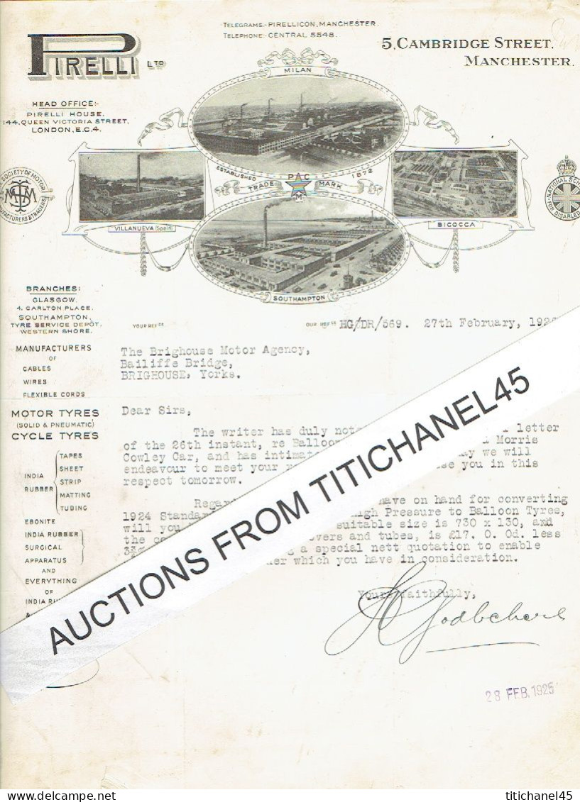 1925 MANCHESTER - MILANO -BICOCCA - SOUTHAMPTON - Letter Of PIRELLI Ltd - Manufacturers Of Motor Tyres, Cycle Tyres... - Regno Unito