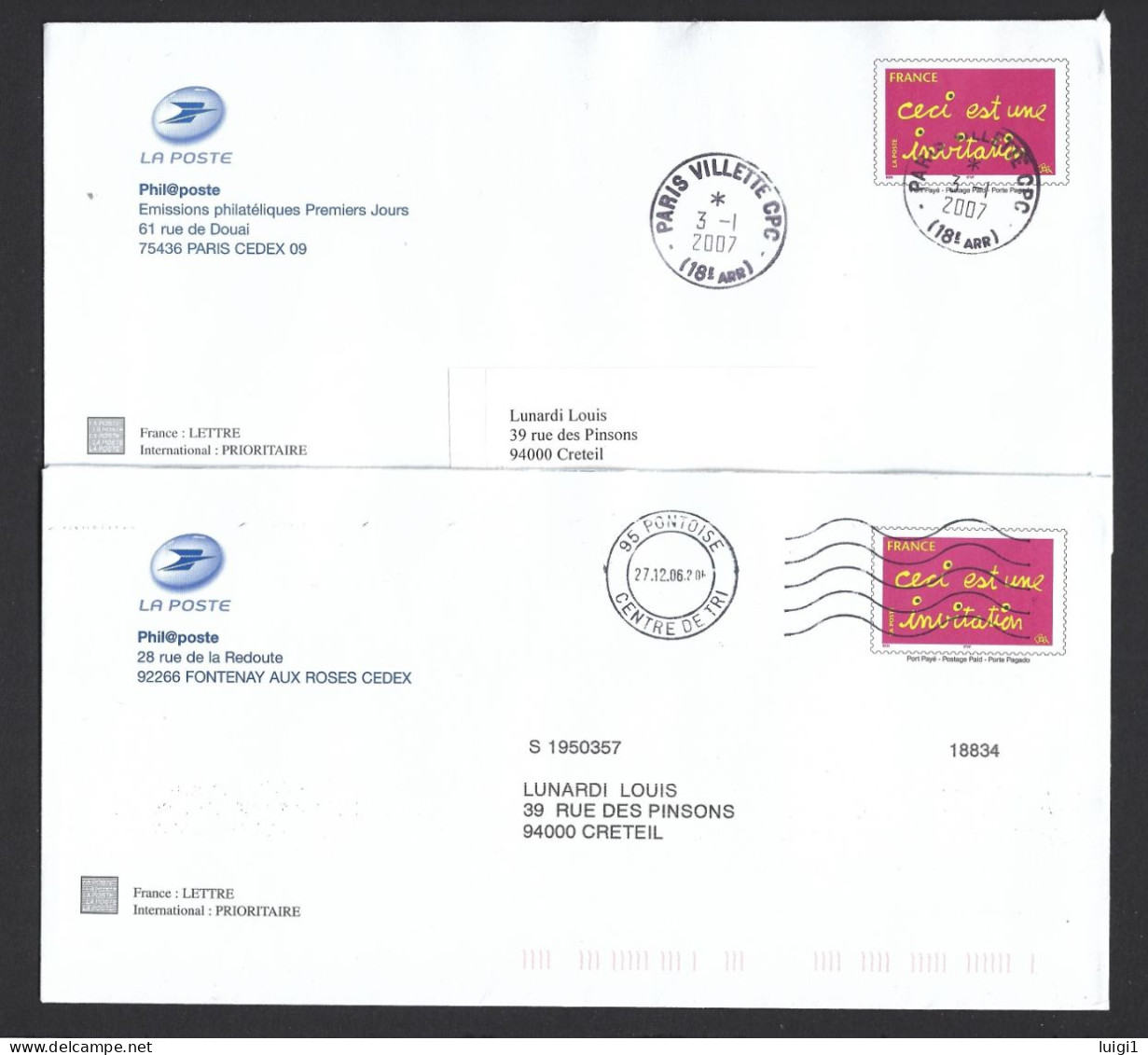 FRANCE 2005. PAP Y&T Type (n°3760)  Sur 2 Enveloppes. Datées Des 27.12.2006 Et 3-1-2007. LA POSTE  Phil@poste. TB. - Pseudo-officiële  Postwaardestukken