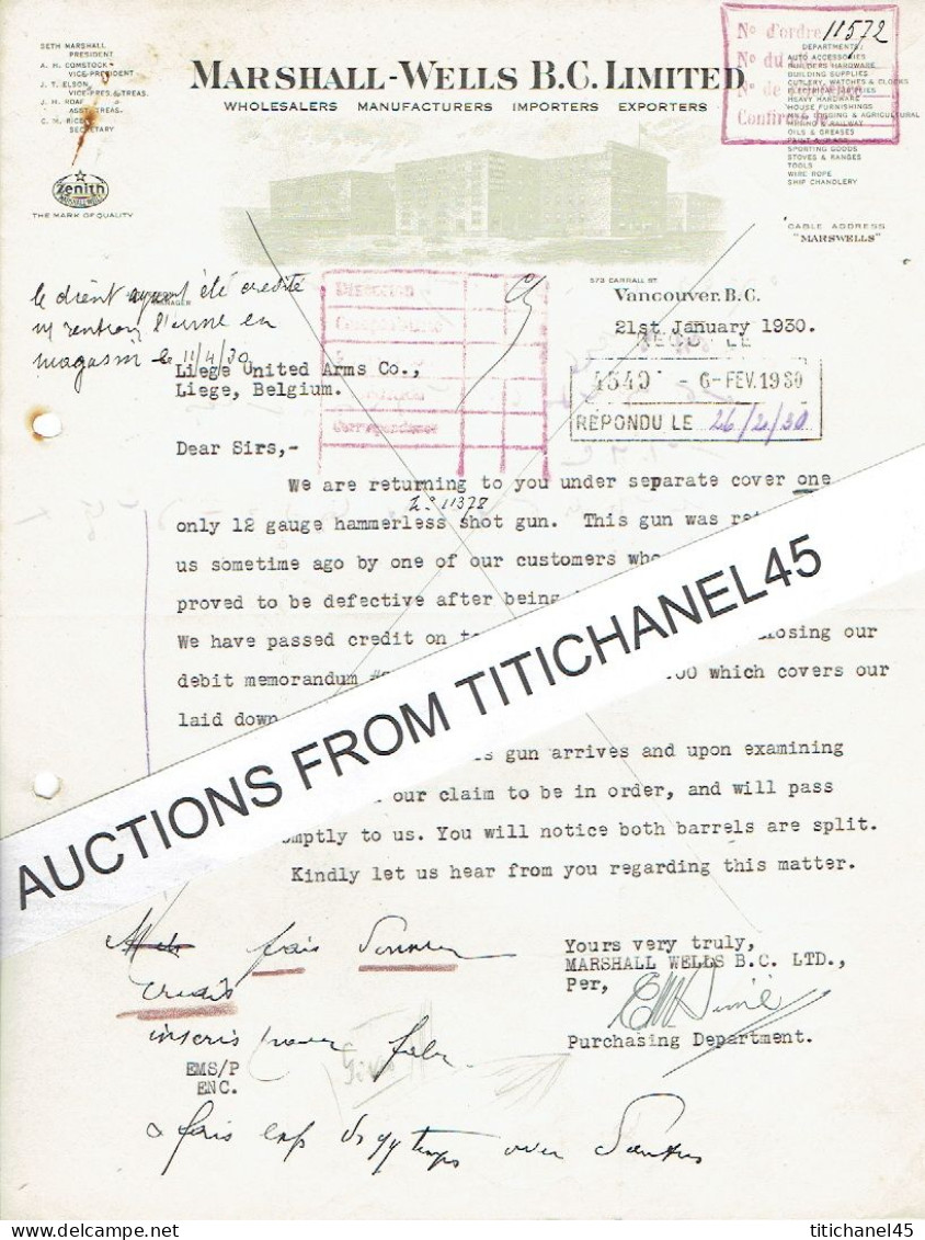 1930 VANCOUVER -  MARSHALL-WELLS B.C. LIMITED - Wholesalers, Manufacturers, Importers, Exporters - Etats-Unis