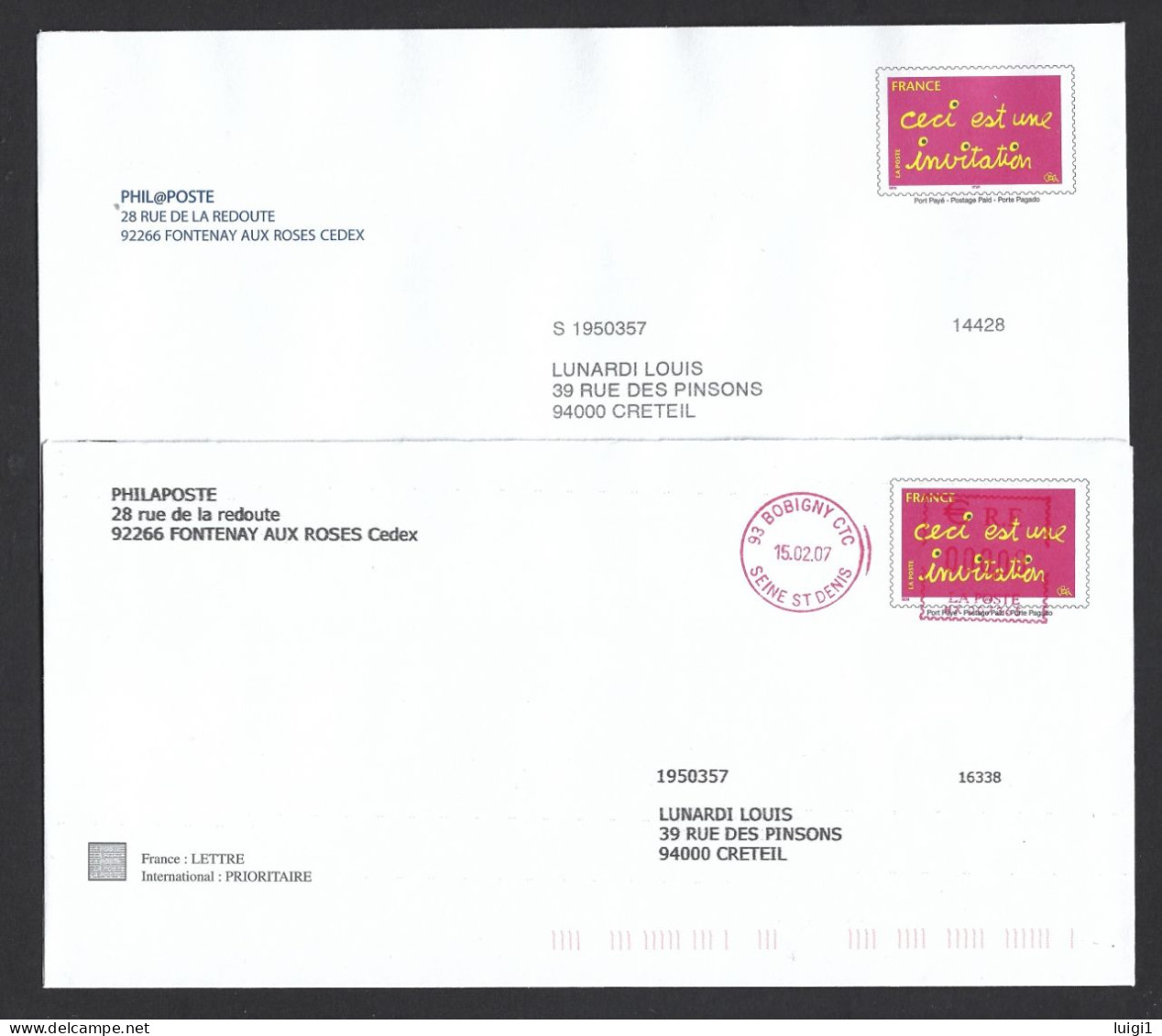 FRANCE 2005. PAP Y&T Type (n°3760)  Sur 2 Enveloppes. Datée Du 15.02.2007 Et Non Datée. LA POSTE  Phil@poste. TB. - Pseudo-entiers Officiels