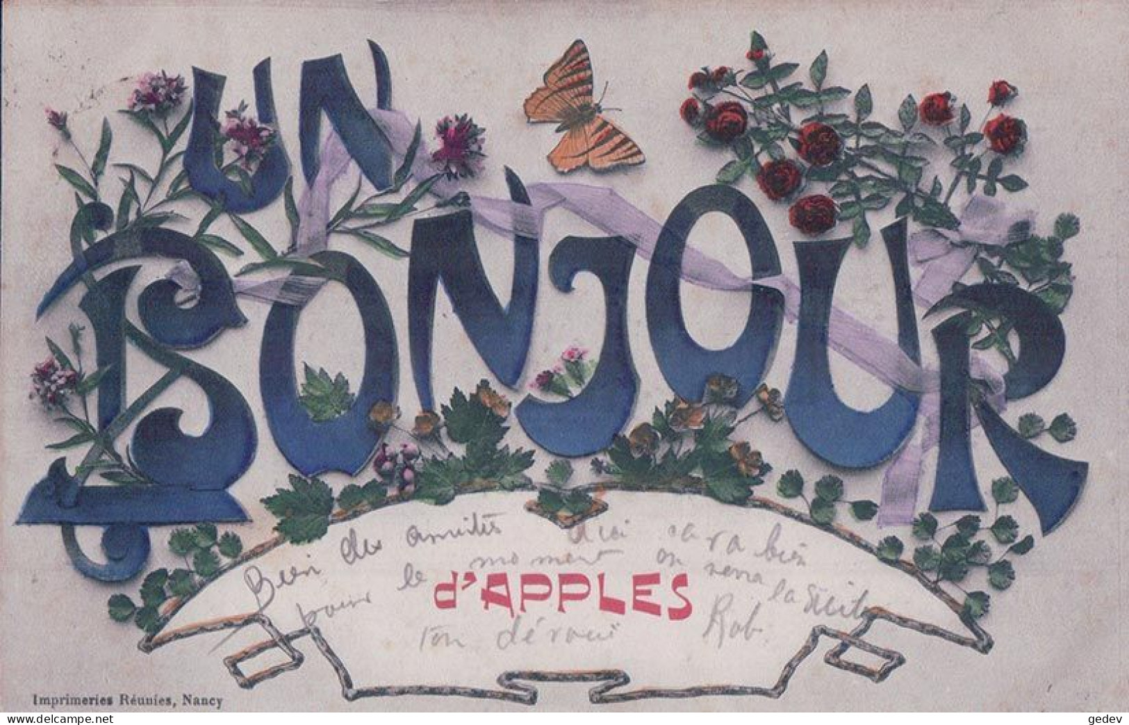 Un Bonjour D' Apples VD, Fleurs Et Papillons, Litho (8.9.1908) - Apples