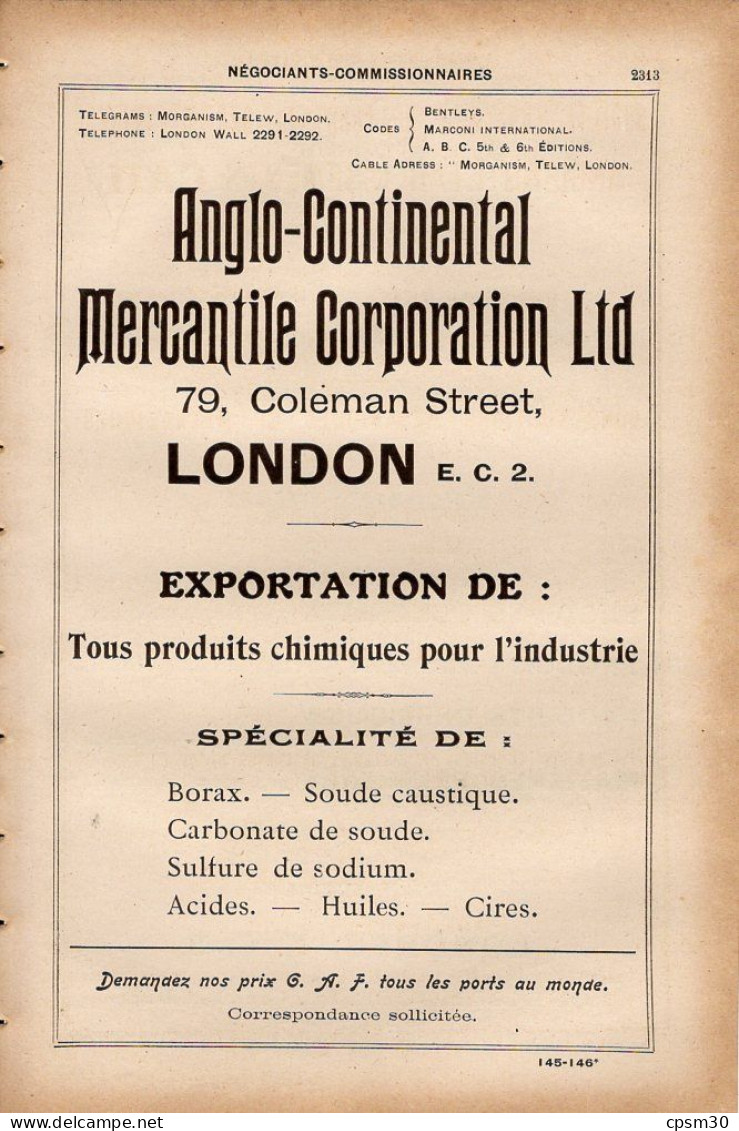 PUB 1921 - Export Borax Soude Carbonate Sulfure Acides Etc Anglo-Continental-Mercantile Londres, T.A. Ruf Import Export - Pubblicitari