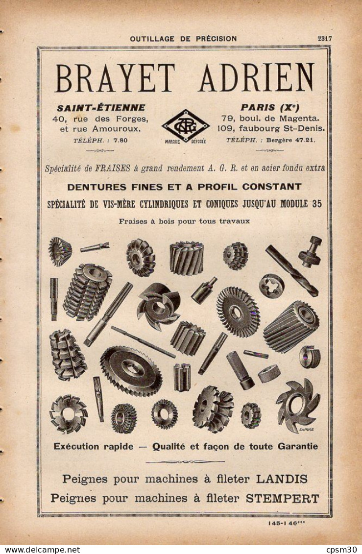 PUB 1921 - Outils Précision Brayet Adrien Rue Des Forges 42 St Etienne, Papier Cigarettes Lacroix Goudron LA, RIZ LA - Pubblicitari