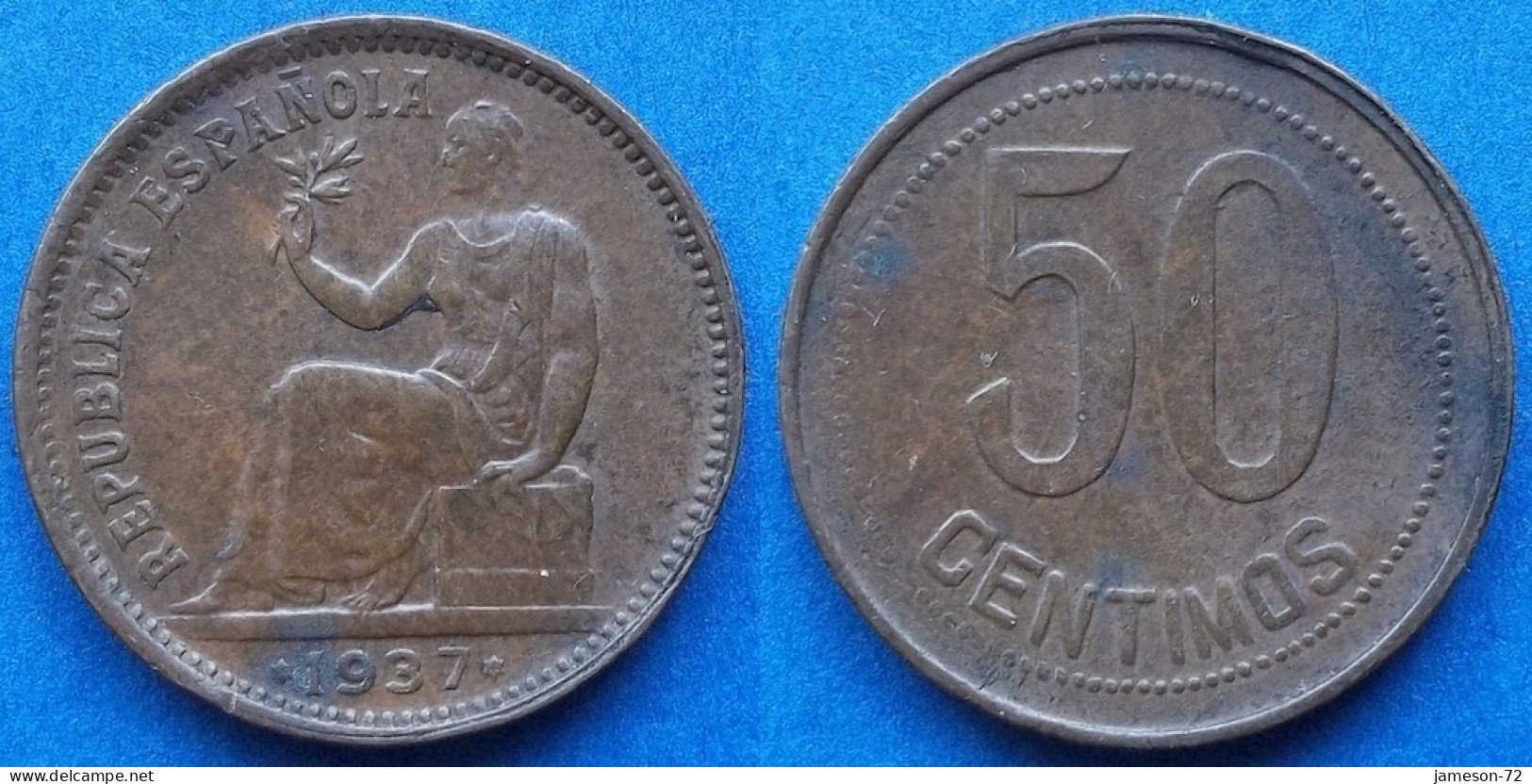 SPAIN - 50 Centimos 1937 *3 *7 "Seated Hispania Left Holding Sprig" KM# 754.1 II Republic (1931-1939) - Edelweiss Coins - 50 Centiemos