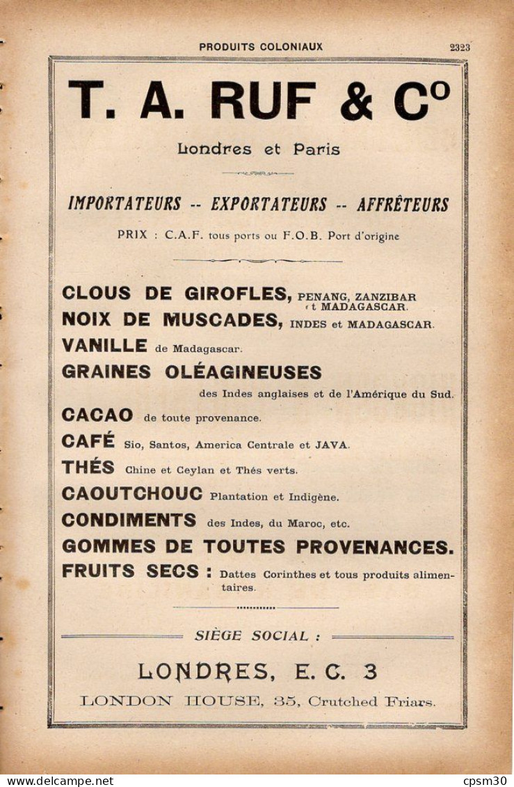 PUB 1921 - Import Export Clou Girofle Vanille Cacao Thé Caoutchouc Fruit Sec Riz Sucre Fécule Poivre TA Ruf Londres - Pubblicitari
