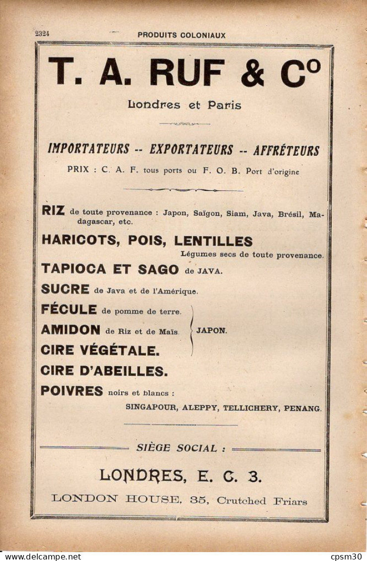 PUB 1921 - Import Export Clou Girofle Vanille Cacao Thé Caoutchouc Fruit Sec Riz Sucre Fécule Poivre TA Ruf Londres - Pubblicitari