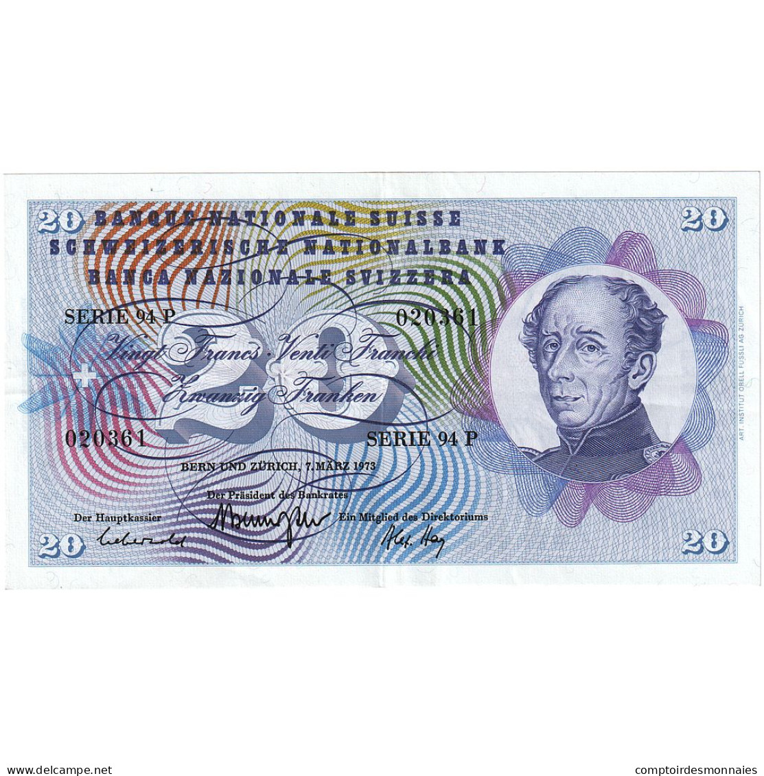 Billet, Suisse, 20 Franken, 1973, 1973-03-07, KM:46u, TB+ - Zwitserland