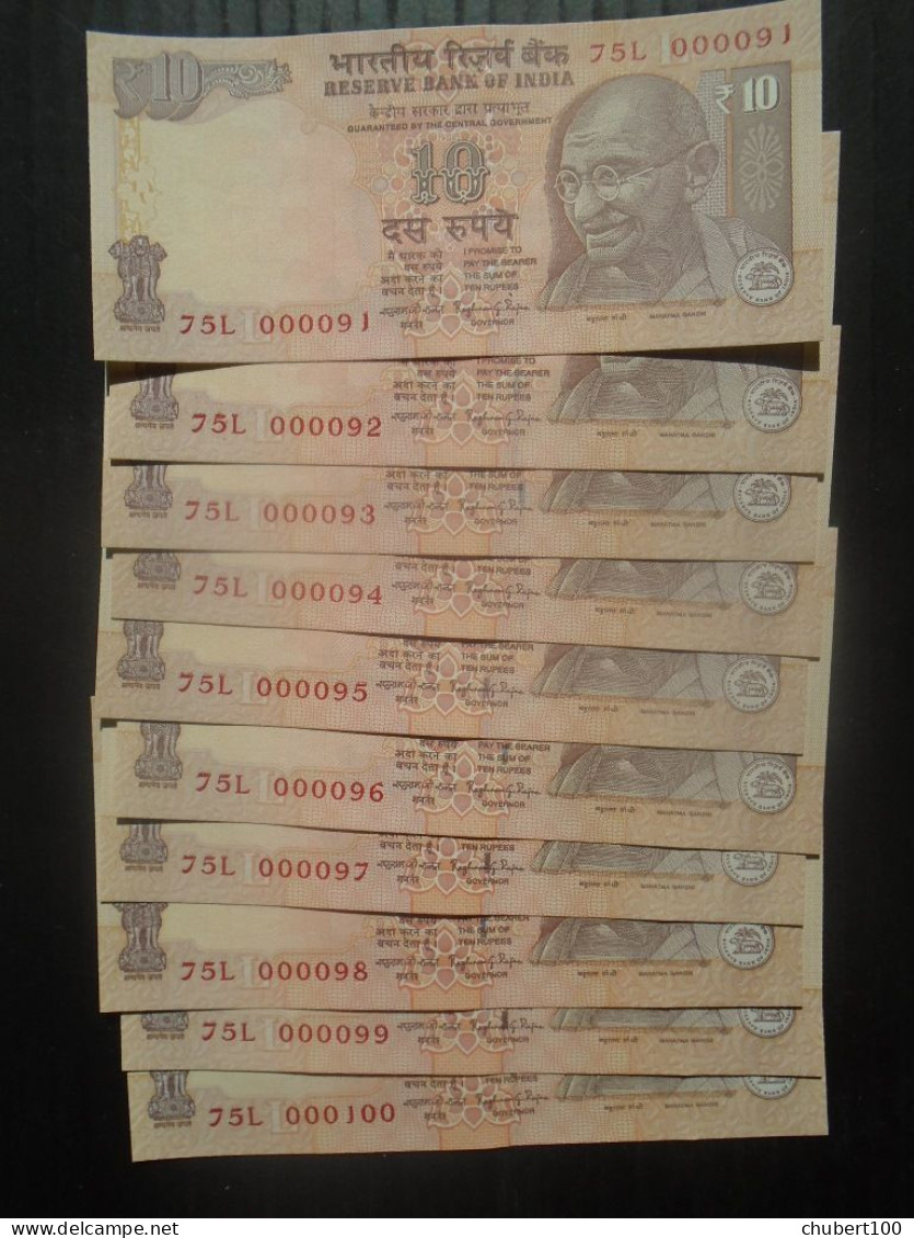 INDIA, P 102q , 10 Rupees , 2014 , UNC   Neuf  FANCY LOW NUMBERS: 91 92 93 94 95 96 97 98 99 100 - India