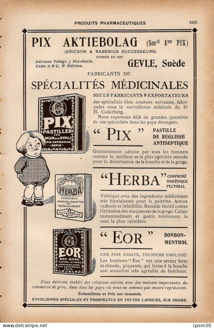 PUB 1921 - Spécialités Médicinales Pix Aktiebolag Gevle Suède, Recueils Prix Transport SNCF Pouey 33 Bordeaux - Pubblicitari