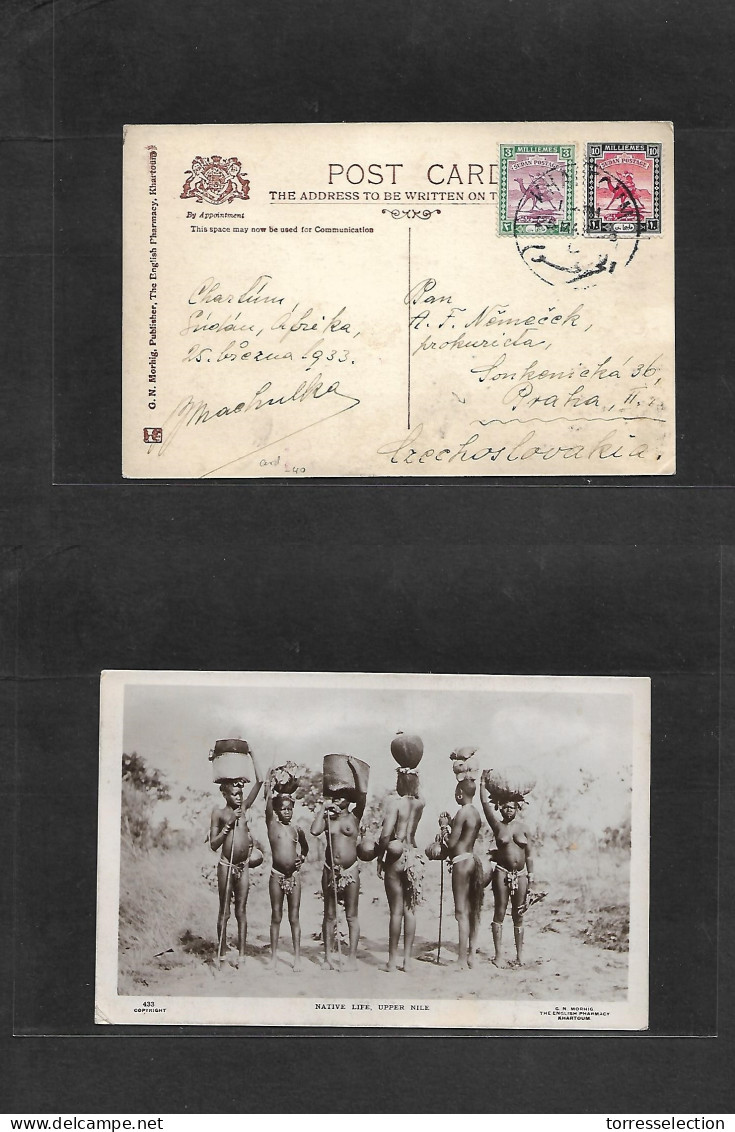SUDAN. 1933 (25 March) Khartoum - Czechoslovakia. Multifkd Postcard + Dest. Native Life, Upper Nile Photo. - Soudan (1954-...)