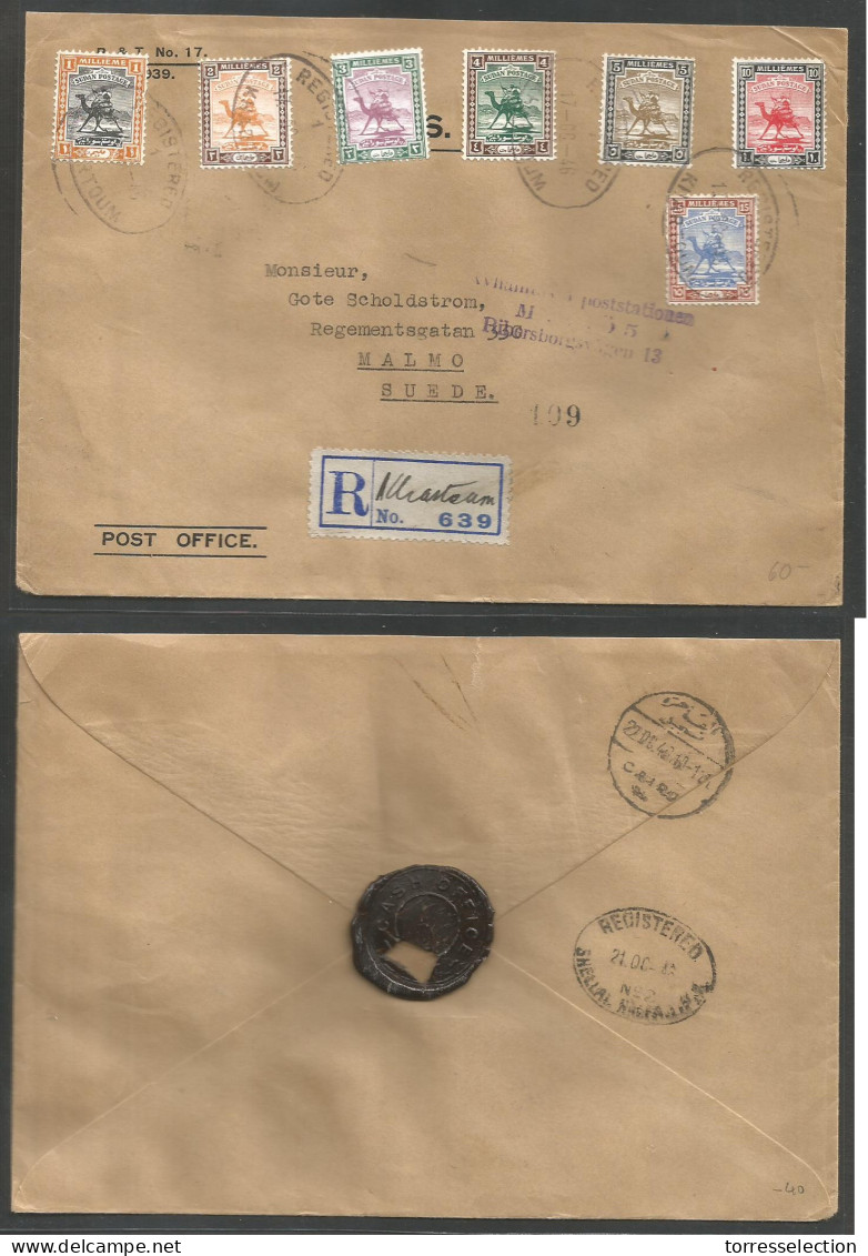 SUDAN. 1946 (17 Oct) Khartoum - Sweden, Malmo. Via Shellal - Haifa And Cairo (22 Oct) Registered Multifkd Envelope + Man - Sudan (1954-...)