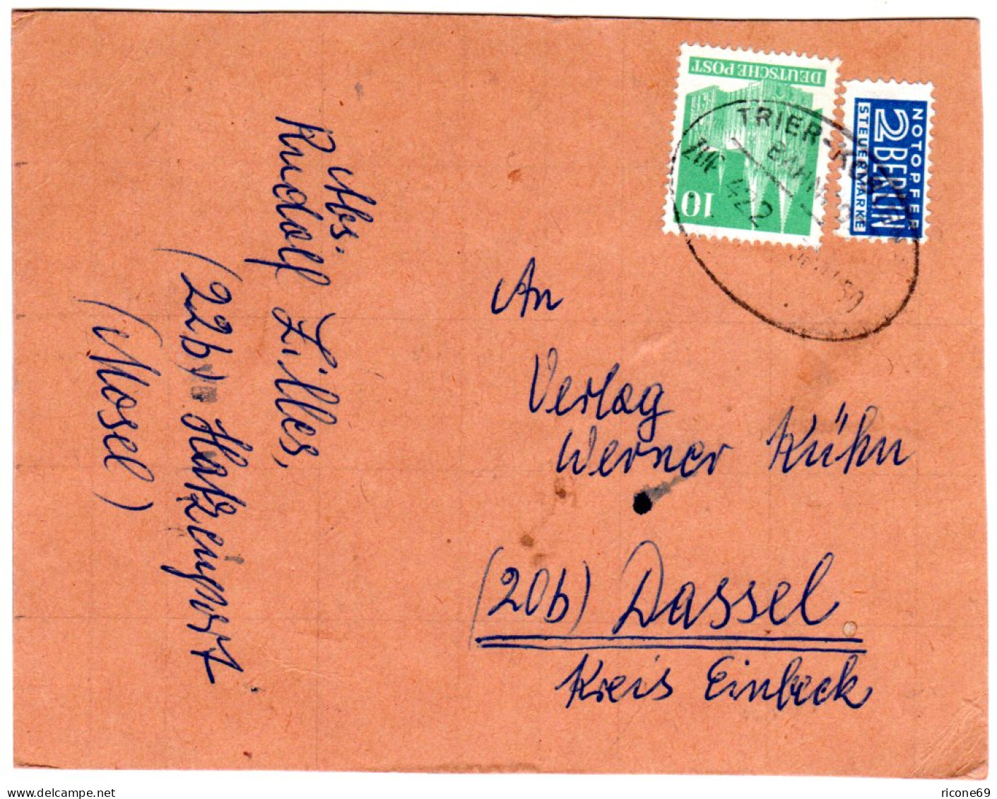 1950, Bahnpoststpl. Trier-Koblenz Auf Karte M. 10 Pf. V. Hatzenpost - Sammlungen