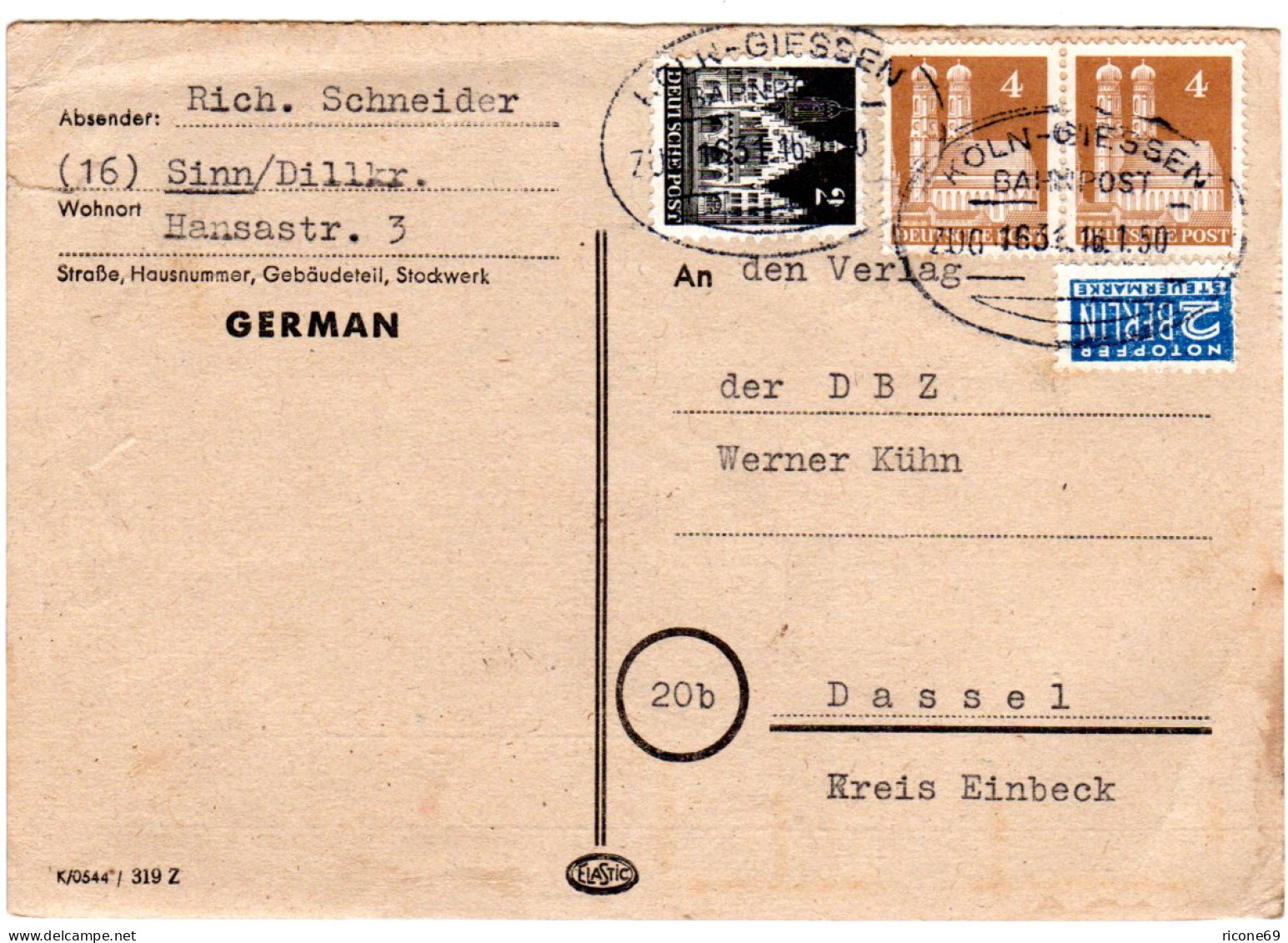 1950, Bahnpoststpl. Köln-Giessen Auf Karte M. 2+2x4 Pf. V. Sinn/Dillkreis - Sammlungen