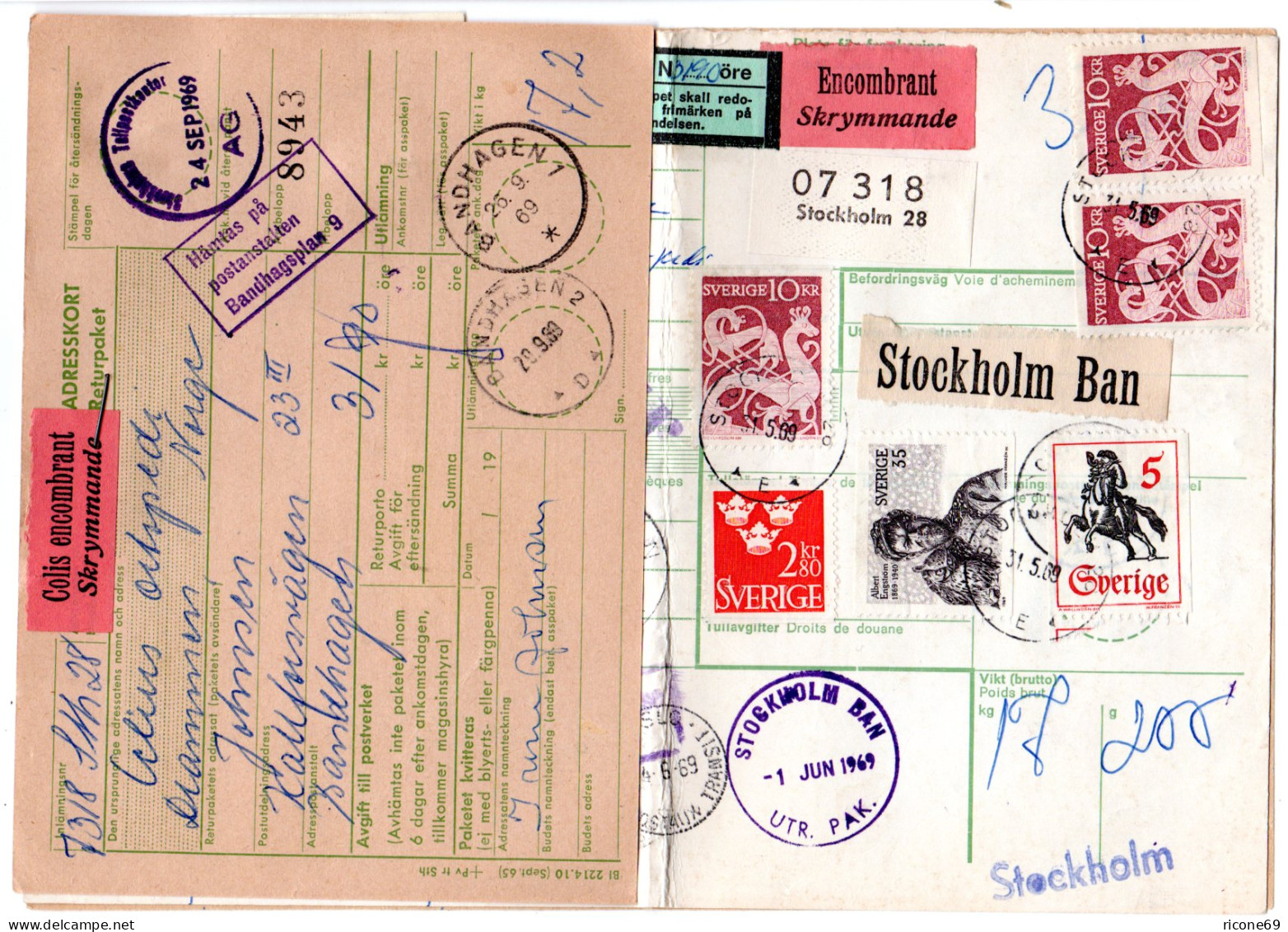 Schweden 1969, 7 Marken Auf Sperrgut Paketkarte V Stockholm N. Norwegen M. Porto - Cartas & Documentos